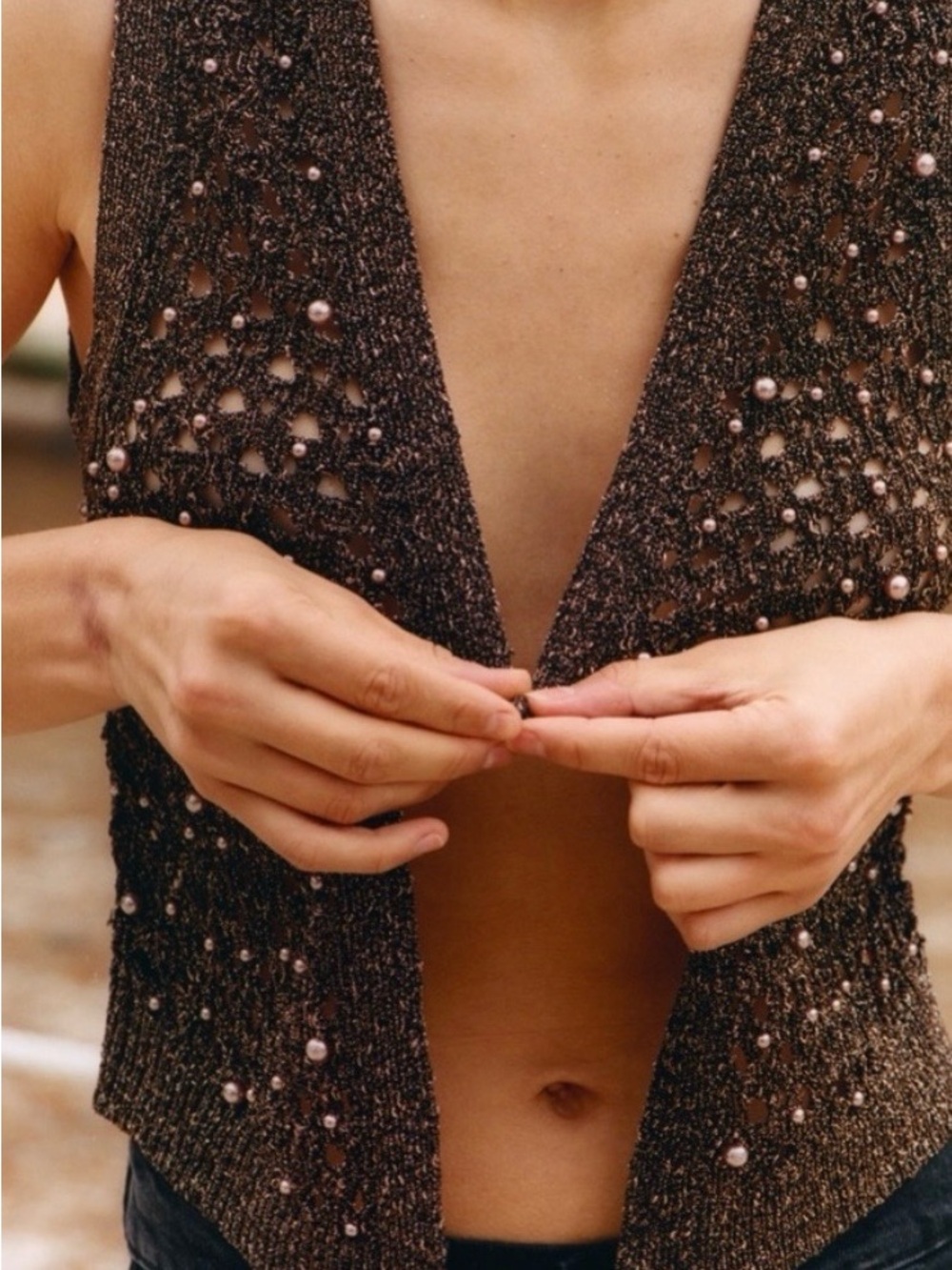 Zara Brown Beaded Crochet Bandeau Vest